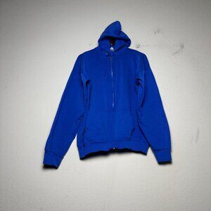 Blue Minimal Jacket Zip USA Made Drawstrings Plaid Solid Hoodie Men L Streetwear